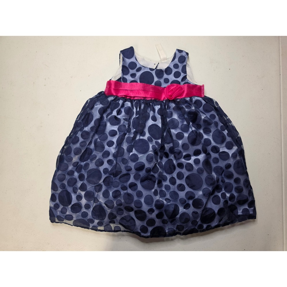 Cherokee Toddler Girls 2T Navy Blue Polka Dot Party Dress Pink Rosette Sash
